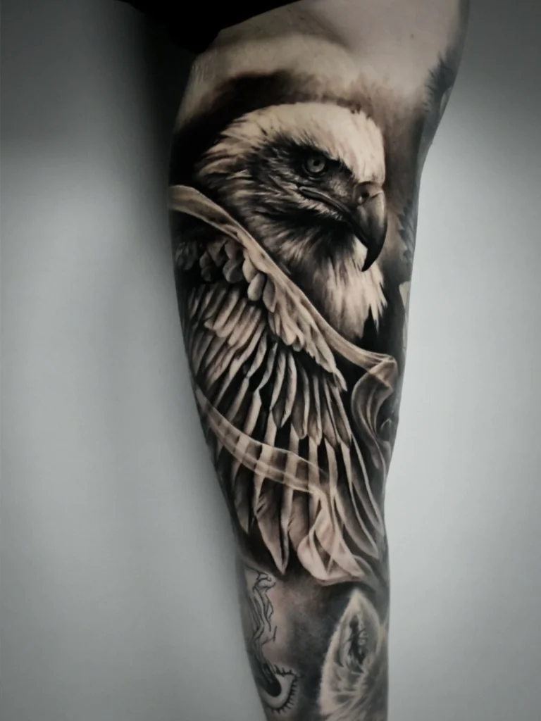 Realistisches Black-and-Grey Tattoo eines Adlers am Unterarm, Obsessed Tattoo Studio Luzern